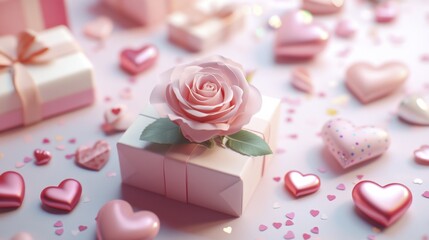 Elegant rose and gift boxes surrounded by heart decorations