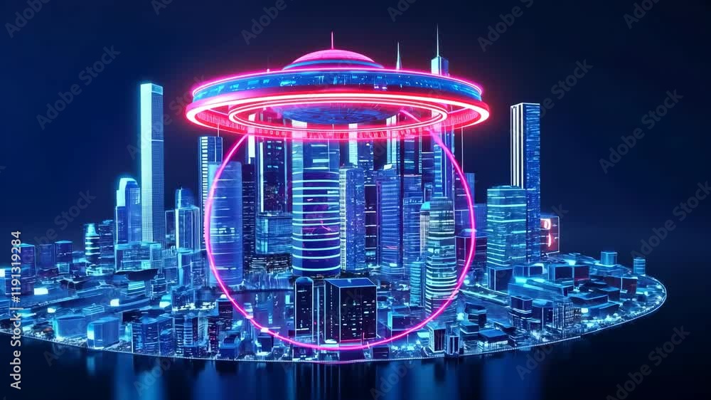 Poster futuristic cityscape with neon lights and hovering circular structure vibrant and dynamic skyline fe