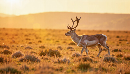 Fototapeta premium Deer walking gracefully in golden sunlit grassland