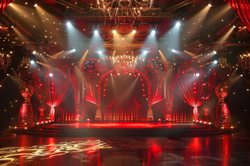 Red Theater Stage with Dramatic Lighting and Velvet Curtains, Elegant Performance Venue Setup with Spotlight and Theatrical Atmosphere
