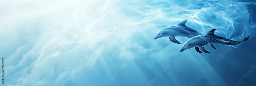 Poster two dolphins are swimming together in the deep blue ocean, creating a serene and captivating underwa