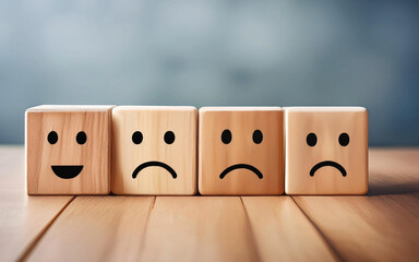 cubos bloques de madera con diferentes emociones, estados de animo, psicologia