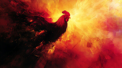 Fototapeta premium Abstract depiction of Saint Peter’s sorrow with fragmented shapes and dark, muted tones, a glowing crowing rooster as the central focal point, vibrant gold and crimson hues emanating from the rooster,