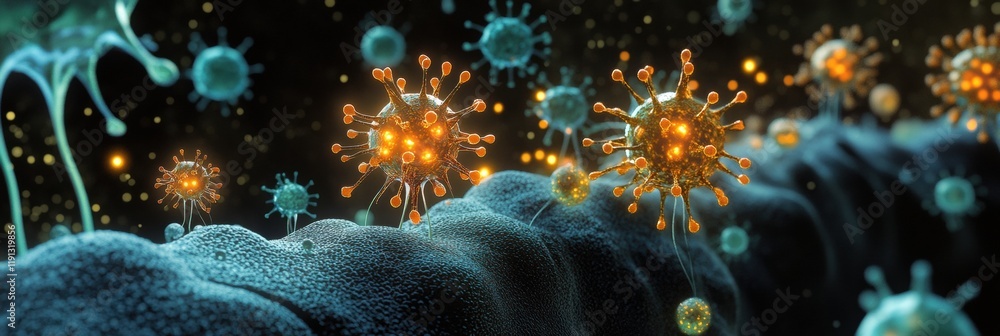Poster viruses interact with host cells, showcasing invasion and impact on cellular structures in a dynamic