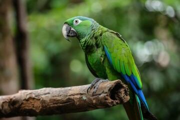 Obraz premium Vibrant green parrot on a branch tropical forest wildlife photography lush environment close-up nature beauty