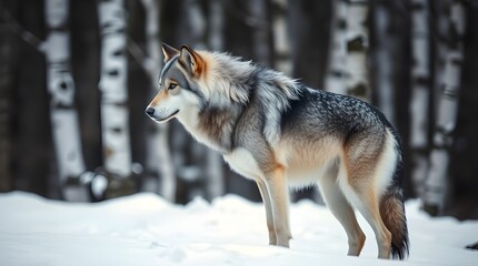 Naklejka premium A dreamlike surreal cinematic image of a large gray and white wolf, its fur shaggy and whiter on its chest and legs, standing in a snowy forest of blurred monochromatic birch trees.