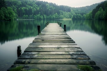Tranquil wooden pier by serene forest lake, inviting nature lovers to enjoy tranquility