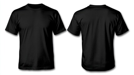 Black t-shirt mockup, front and back view, white background, design template