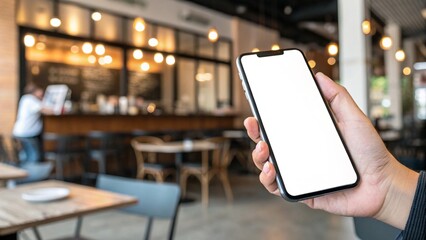 Celular con pantalla blanca y fondo desenfocado de cafeter&iacute;a