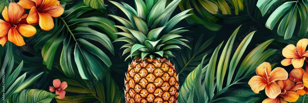 Aufkleber tropical seamless pattern with vibrant pineapples and colorful flowers showcasing lush greenery in a