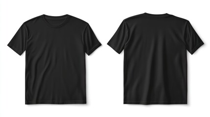 Black T-shirt mockup, front and back views, isolated, white background, design template
