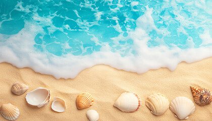 A serene beach scene with turquoise waves lapping at golden sand, adorned with beautiful seashells, evoking a sense of tranquility.