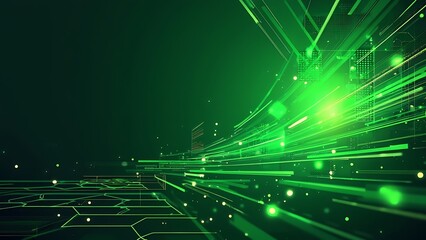 Futuristic Green Digital Landscape: Abstract Grid of Connections, Modern Technology-Inspired Background with Bright Green Glow, Dynamic Network Visualization for Tech and Innovation Background.