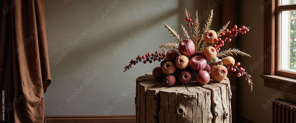Poster a table with a bunch of apples and flowers on it. the apples are in different shapes and sizes, and 