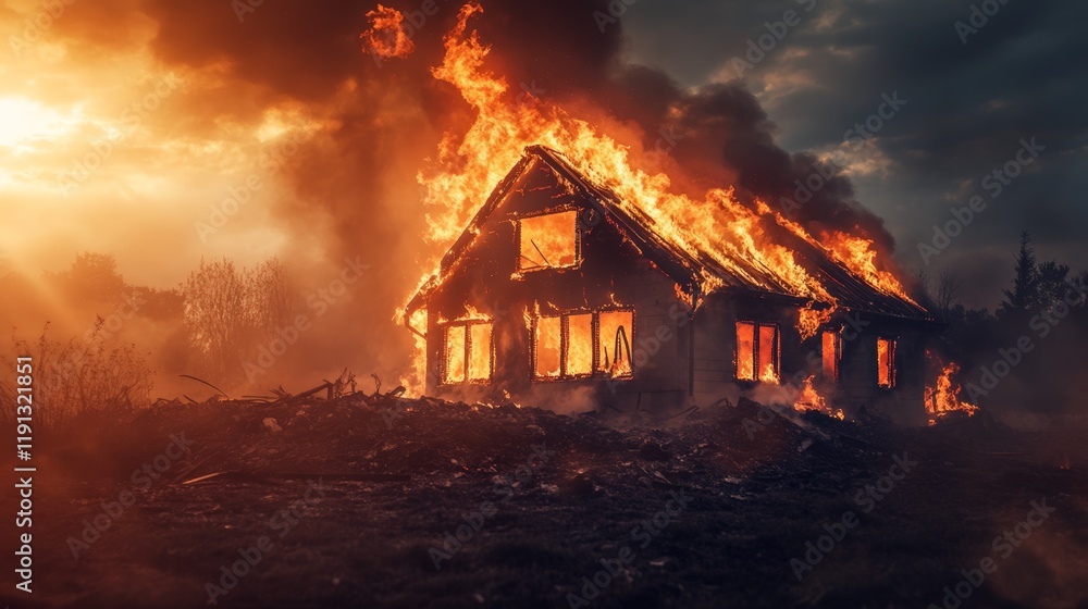 Leinwandbilder dramatic image of a house completely engulfed in flames and smoke during a devastating fire at sunse