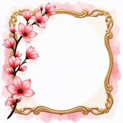 Traditional Gold Frame with Blooming Sakura Branch in Watercolor Style for Special Occasions