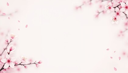 Soft Pink Cherry Blossom Frame with Falling Petals in Diagonal Composition with Copy Space