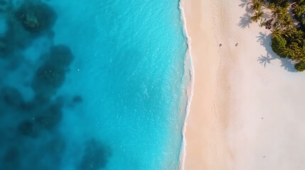 Stunning aerial view of a pristine beach with crystal-clear turquoise water and golden sand, ideal for relaxation and vacation.