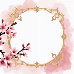 Elegant Circular Frame with Cherry Blossoms in Pink and Gold with Copy Space