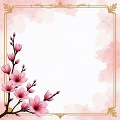 Romantic Pink and Gold Frame with Cherry Blossom Corner Design on Watercolor Background