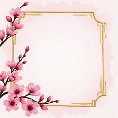 Art Deco-Style Rectangular Frame with Cherry Blossoms in Pink and Gold with Copy Space