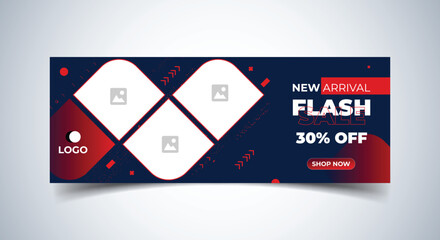 Flash sale facebook cover page timeline web ad banner template with photo place. modern layout dark blue background and red shape design	