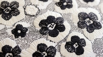 Close up view of intricate blackwork embroidery showcasing floral patterns and detailed designs on a white fabric background