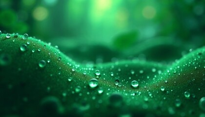Serene Water Droplets on Emerald Textile with Natural Light Effects