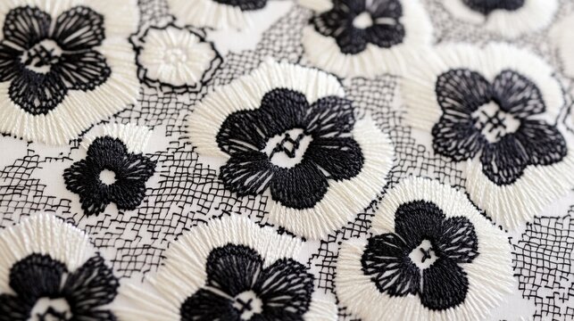 Close up view of intricate blackwork embroidery showcasing floral patterns and detailed designs on a white fabric background