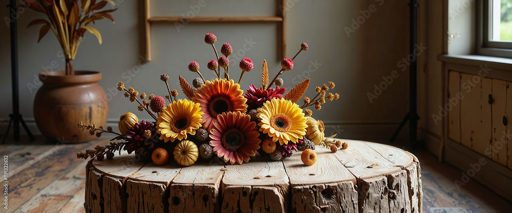 Poster a table with a bunch of apples and flowers on it. the apples are in different shapes and sizes, and 
