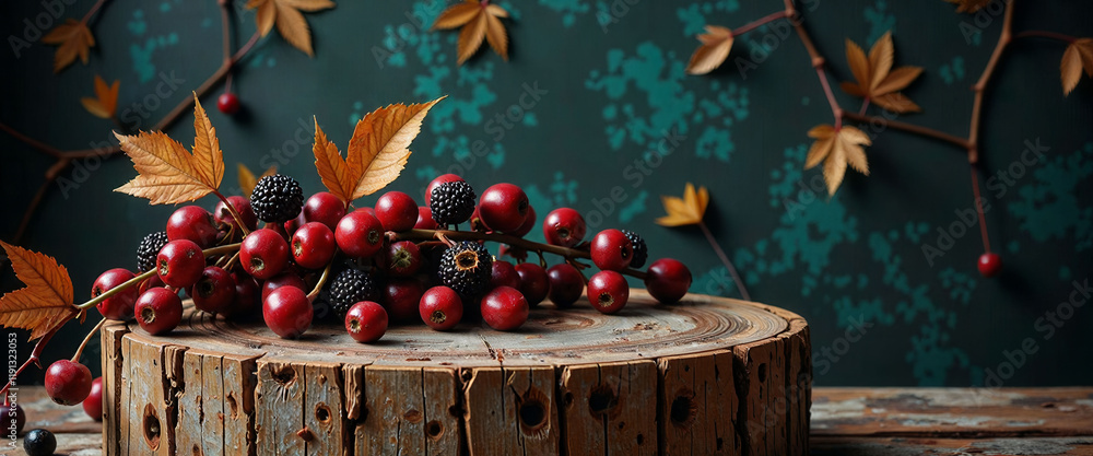 Poster a wooden table is covered with red berries and leaves. the berries are arranged in a circle on the t