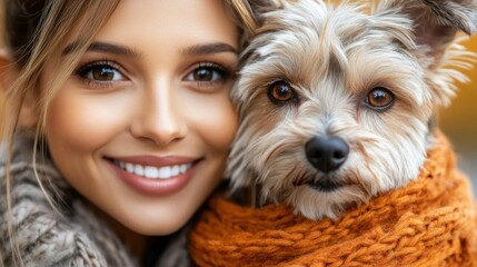 Woman smiling with a dog in a cozy setting.