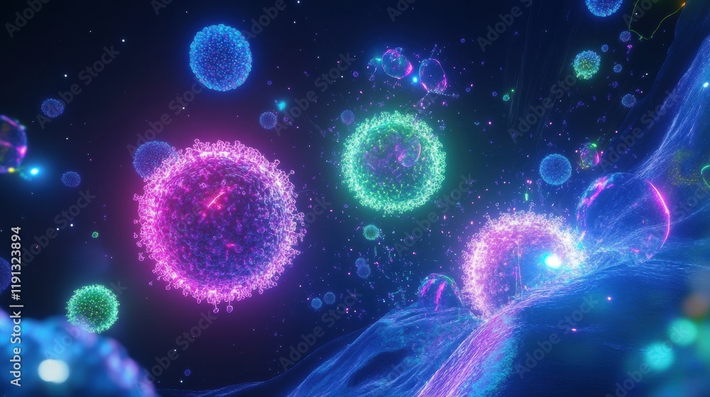 Poster viruses invading cells with colorful representations showing interactions and cellular response. gen