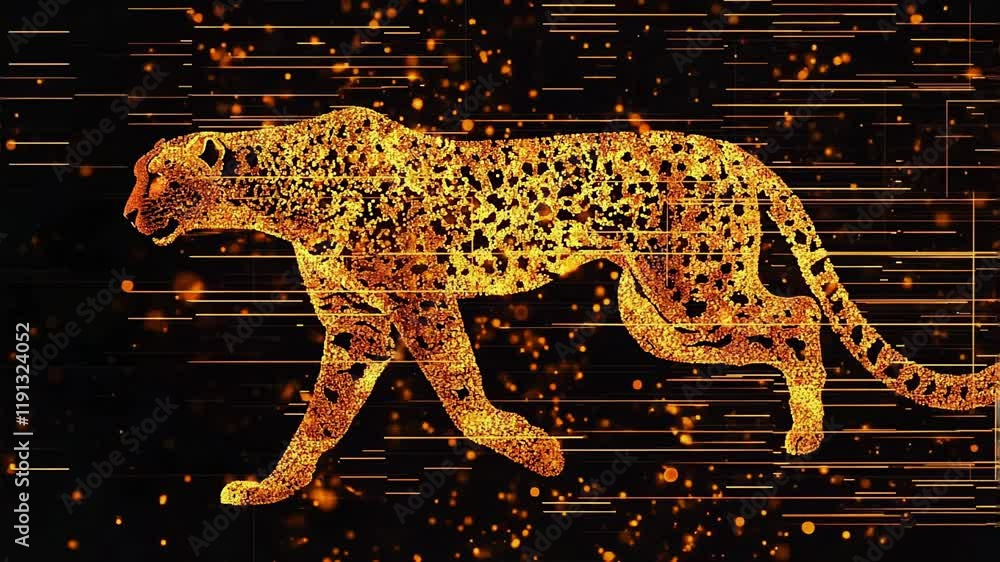 Wall mural animated golden cheetah running with futuristic particle effects