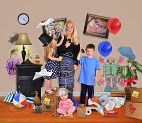Stressed Mother with Wild Children in Messy House