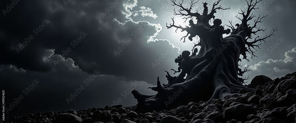 Poster a tree with branches that are twisted and broken. the sky is dark and cloudy, and the moon is visibl