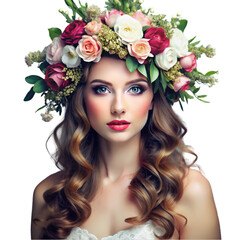 Naklejka premium beautiful young female model wearing floral crown against white 