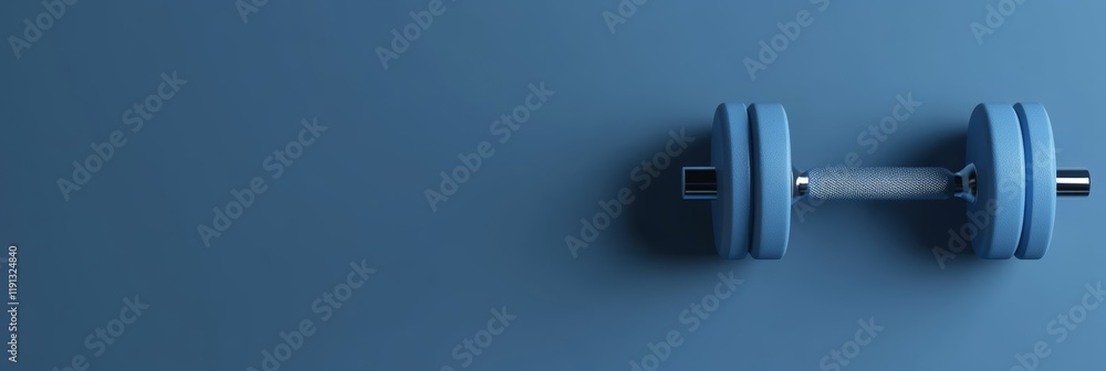 Poster single blue dumbbell lies horizontally on a matching blue background, creating a minimalist image ev