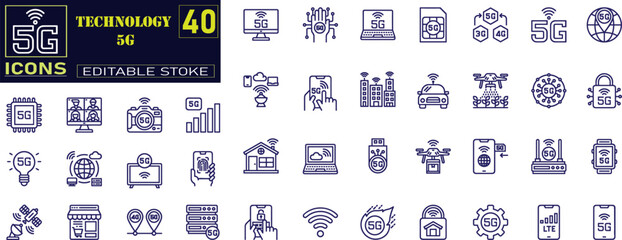 Collection of 5G networks related line icons. 5g network, signals, towers, bandwidth, routers connectivity etc, stroke icons collections.