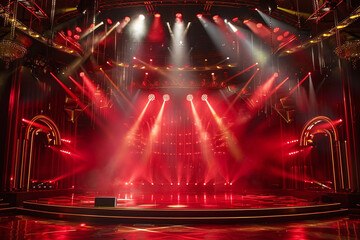 Red Theater Stage with Dramatic Lighting and Velvet Curtains, Elegant Performance Venue Setup with Spotlight and Theatrical Atmosphere