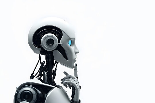 A futuristic humanoid robot with a sleek white design, holding a finger to its lips in a gesture of silence against a plain white background. Artificial intelligence robot thinking.