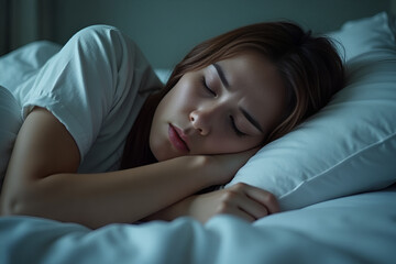 Person sleeping in bed feeling cold surrounded by soft pillows and calm atmosphere