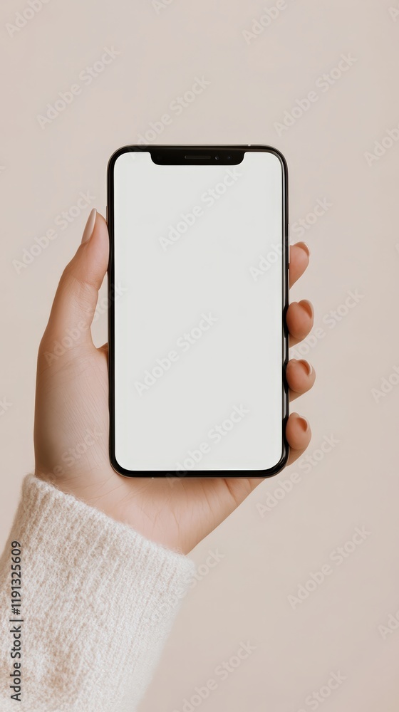 Poster woman is holding modern smartphone with blank white screen in front of beige background, perfect for