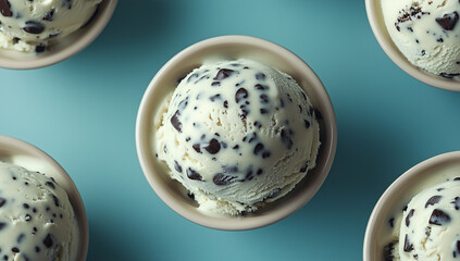 Mint Chocolate Chip Ice Cream Scoops: A refreshing array of mint chocolate chip ice cream scoops in individual bowls, arranged symmetrically on a cool turquoise background. The creamy.