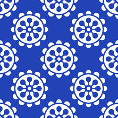 Denim blue and white seamless pattern with large flowers