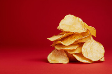 Potato Chips on Red: A delectable pile of crispy potato chips, golden brown and seasoned to perfection, sits against a vibrant red background, creating a visually appealing and appetizing image.