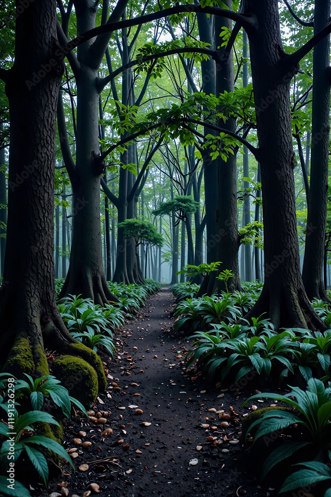 Aufkleber a forest path is shown in the image, with trees on either side. the path is surrounded by lush green
