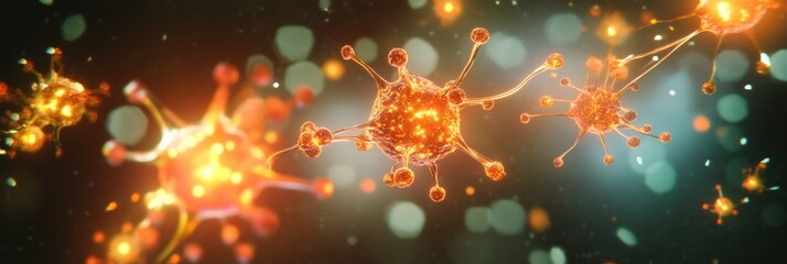 Viruses invading human cells during cellular infection process in a vivid microscopic view. Generative AI