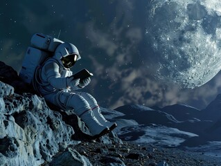 Astronaut enjoying a book under serene moonlight on rocky terrain
