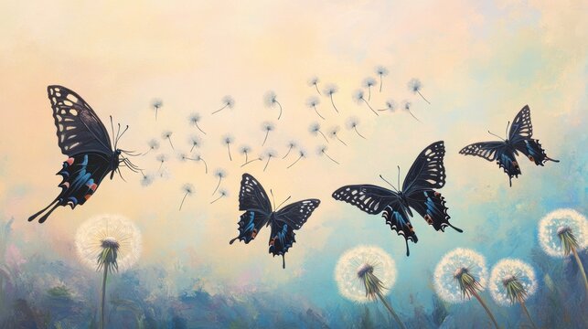 Fototapeta Black butterflies flying amidst dandelion seeds in a pastel sunset.